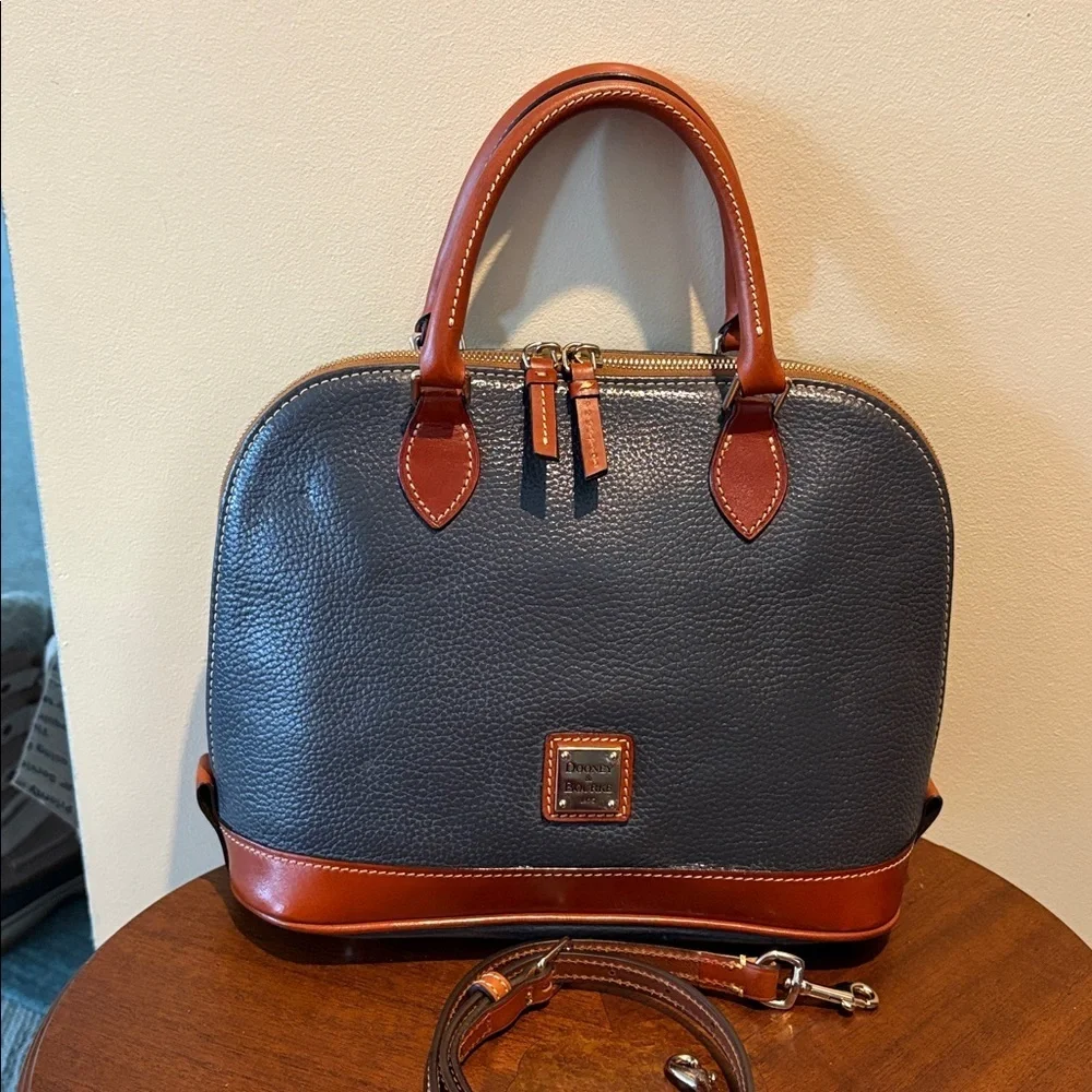 Dooney & Bourke Satchel Shoulder Bag  leather navy/ brown trim dome top EUC